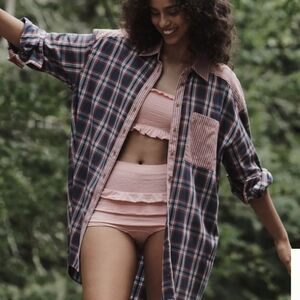 Anthropologie Cotton Boyfriend Shirt Long-Sleeve Tunic Mini Dress Plaid